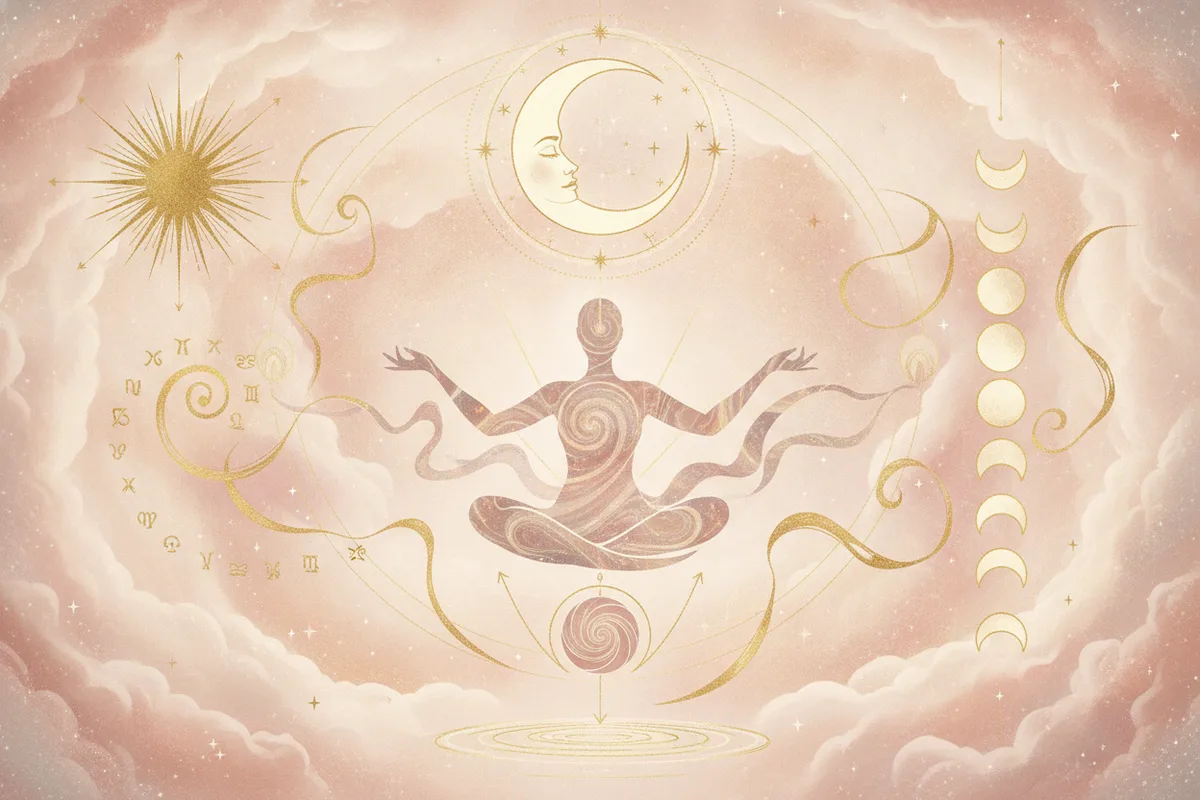 Ilustração etérea de astrologia nova era com cores pastéis, detalhes dourados, mostrando uma mulher celestial olhando para a lua e o sol no horizonte, cercada por estrelas e poeira cósmica, sem texto.