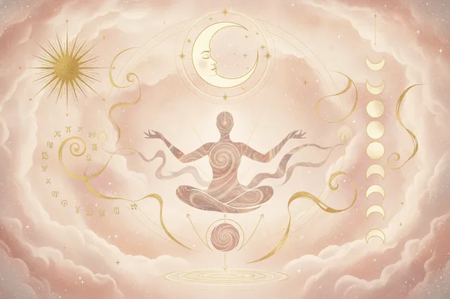 Ilustração etérea de astrologia nova era com cores pastéis, detalhes dourados, mostrando uma mulher celestial olhando para a lua e o sol no horizonte, cercada por estrelas e poeira cósmica, sem texto.