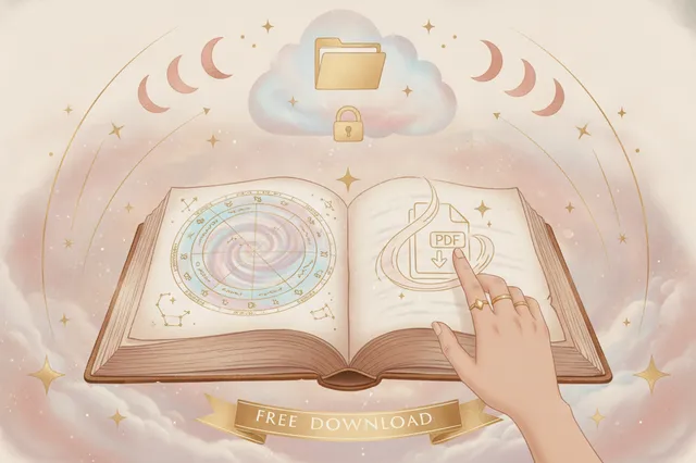 Ilustração etérea de um mapa astral em PDF aberto, com cores suaves e detalhes dourados, simbolizando o autoconhecimento e a jornada da alma. Uma figura feminina observa o mapa.