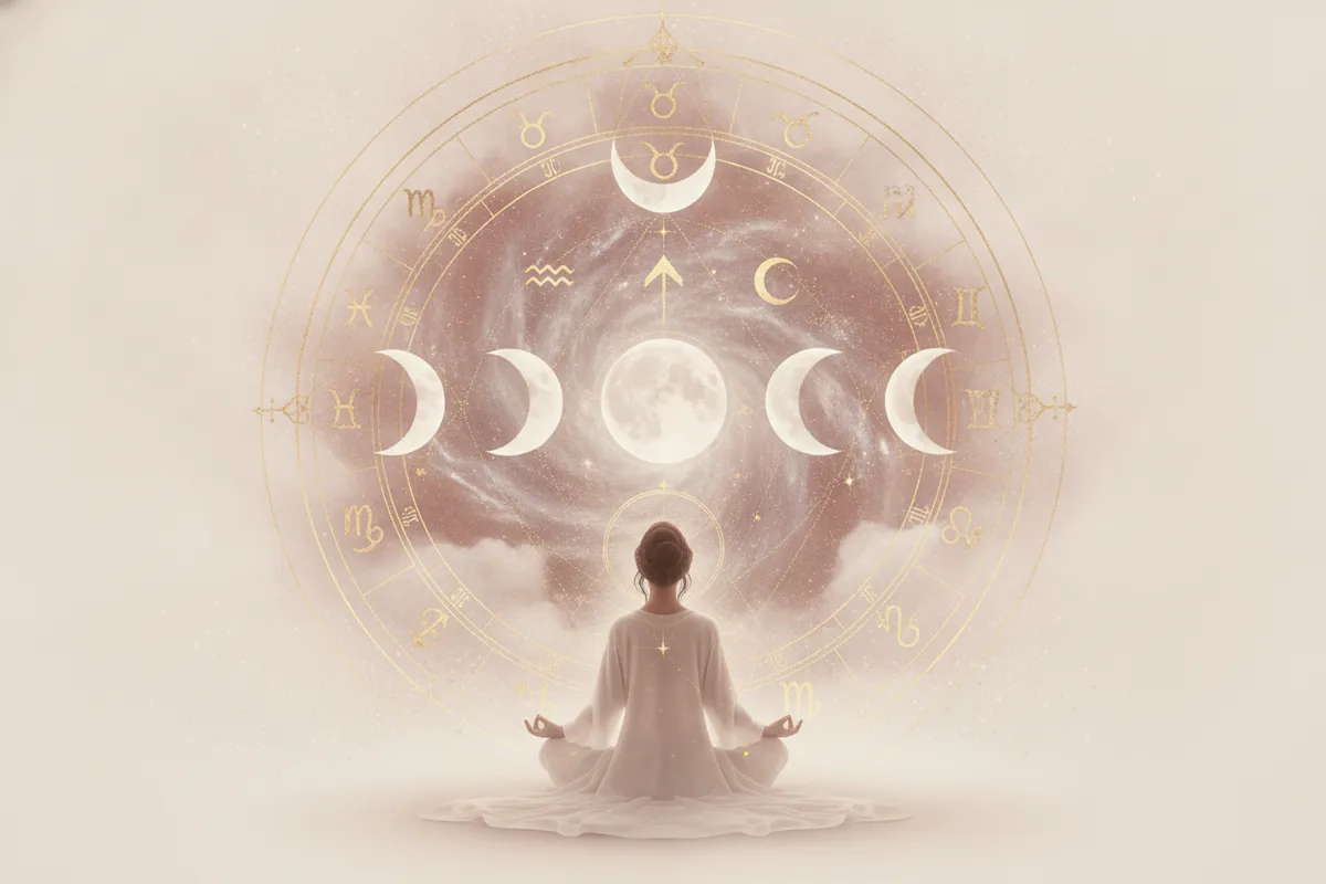 Ilustração etérea de astrologia da nova era com uma lua crescente, um símbolo de sol nascente e uma figura humana estilizada conectando-se a energias cósmicas, em tons pastel e dourado, sem texto.