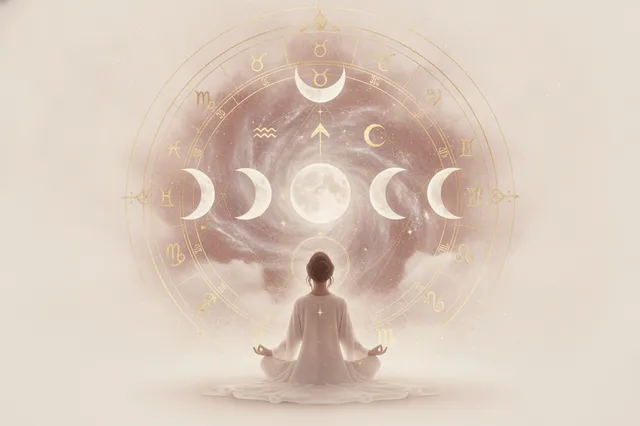 Ilustração etérea de astrologia da nova era com uma lua crescente, um símbolo de sol nascente e uma figura humana estilizada conectando-se a energias cósmicas, em tons pastel e dourado, sem texto.