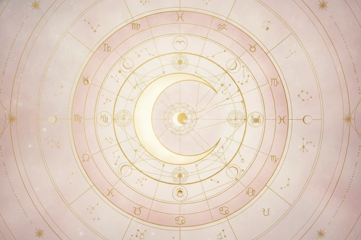 Ilustração etérea de um mapa astral com o símbolo da Lua em destaque, tons pastel e dourados, representando a conexão com as emoções.