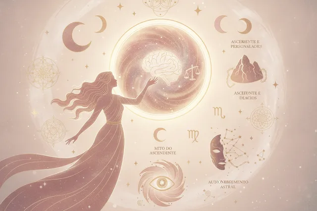 Ilustração etérea de um portal celestial em tons pastel com acentos dourados, simbolizando o Ascendente como porta para o autoconhecimento e poder pessoal na astrologia.