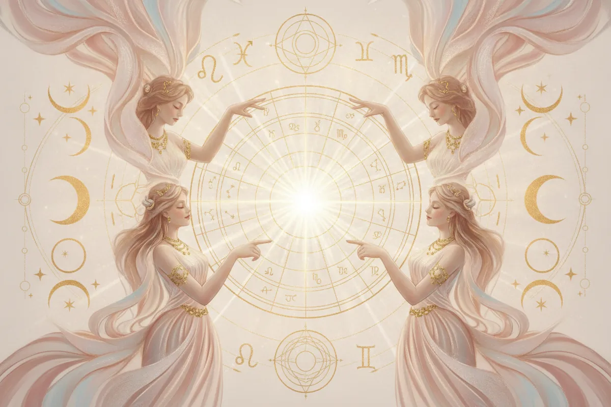 Ilustração etérea de astrologia Nova Era, com cores pastel suaves e detalhes em dourado. Um livro aberto estilizado mostra constelações e planetas, rodeado por uma aura mística e sonhadora, simbolizando o despertar do autoconhecimento.