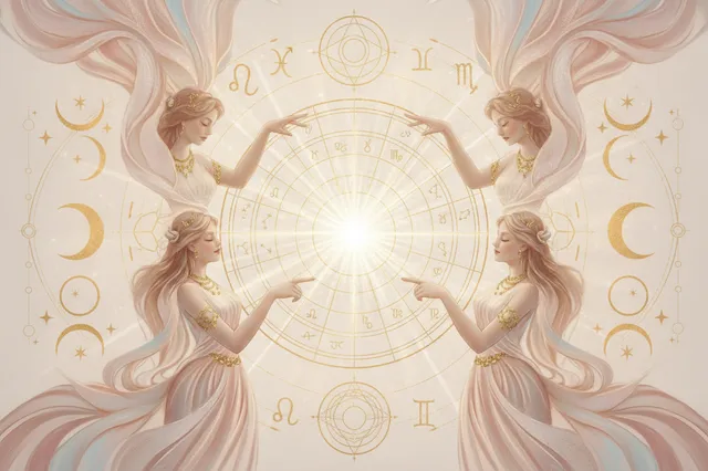 Ilustração etérea de astrologia Nova Era, com cores pastel suaves e detalhes em dourado. Um livro aberto estilizado mostra constelações e planetas, rodeado por uma aura mística e sonhadora, simbolizando o despertar do autoconhecimento.