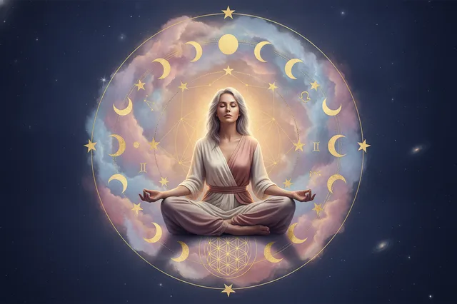 Ilustração etérea de astrologia Nova Era com cores suaves, detalhes dourados, uma mulher meditando e símbolos celestiais, transmitindo misticismo e sonho.