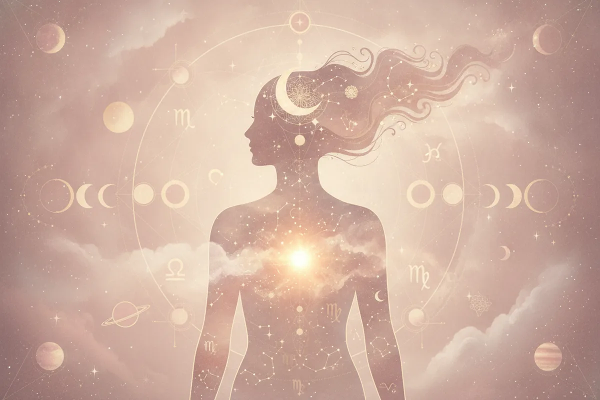 Ilustração etérea de um mapa astral celestial desdobrando-se como um pergaminho, com cores suaves e detalhes em dourado, simbolizando a Astrologia da Nova Era e o Mapa da Alma.