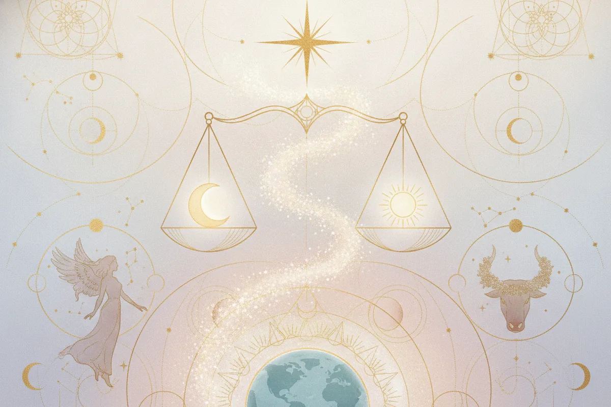 Ilustração etérea de balança de Libra com elementos celestiais, representando equilíbrio e poder pessoal na Astrologia da Nova Era.