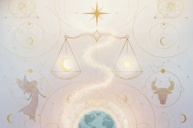 Ilustração etérea de balança de Libra com elementos celestiais, representando equilíbrio e poder pessoal na Astrologia da Nova Era.