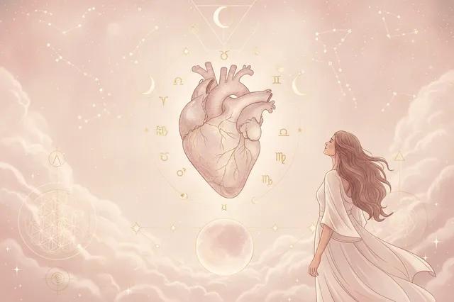 Ilustração etérea de mapa astral com um coração brilhante ao centro, simbolizando o amor e a conexão na astrologia Nova Era.