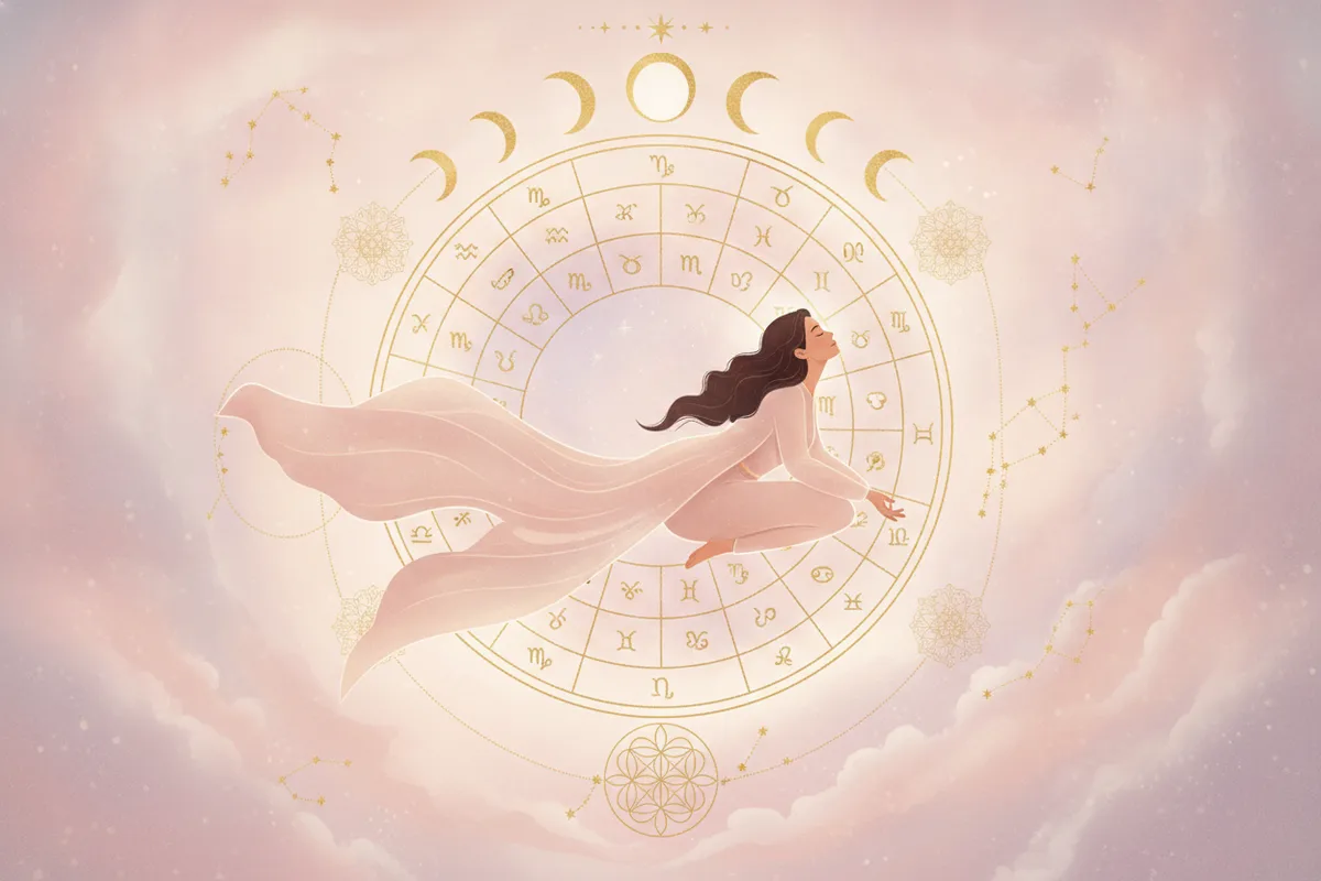 Ilustração etérea de astrologia nova era com uma mulher meditando e um mapa astral cósmico, em tons pastel e detalhes dourados.