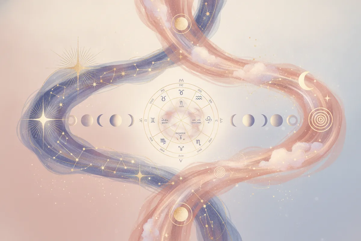 Ilustração etérea de astrologia com dois caminhos distintos: um com símbolos astrológicos clássicos e outro com energia fluida da Nova Era, cores pastel e dourado, sem texto.