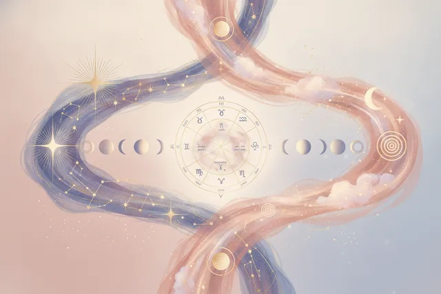 Ilustração etérea de astrologia com dois caminhos distintos: um com símbolos astrológicos clássicos e outro com energia fluida da Nova Era, cores pastel e dourado, sem texto.