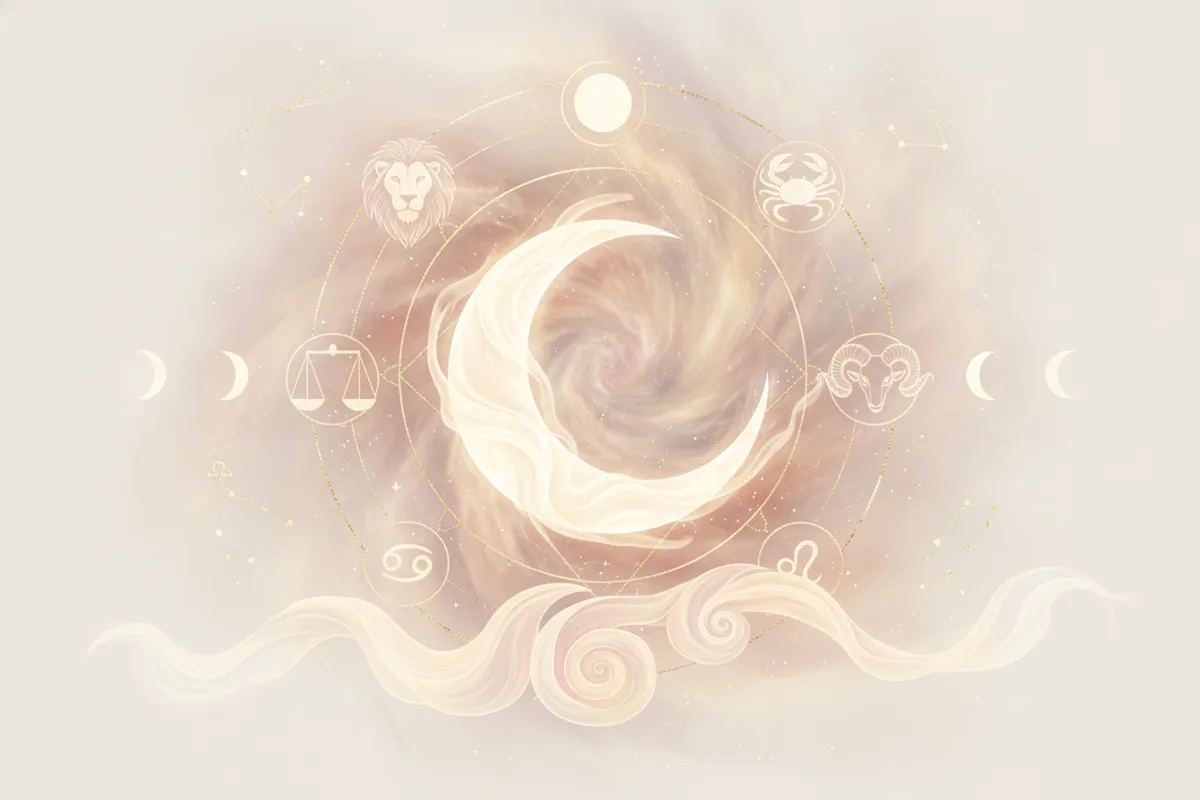 Ilustração etérea de astrologia Nova Era com uma lua crescente brilhante cercada por energia emocional suave, uma mulher meditando e elementos cósmicos em tons pastel e dourado.