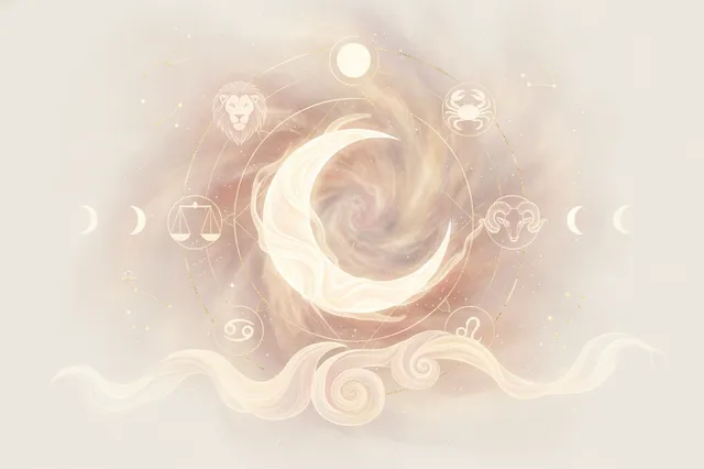 Ilustração etérea de astrologia Nova Era com uma lua crescente brilhante cercada por energia emocional suave, uma mulher meditando e elementos cósmicos em tons pastel e dourado.