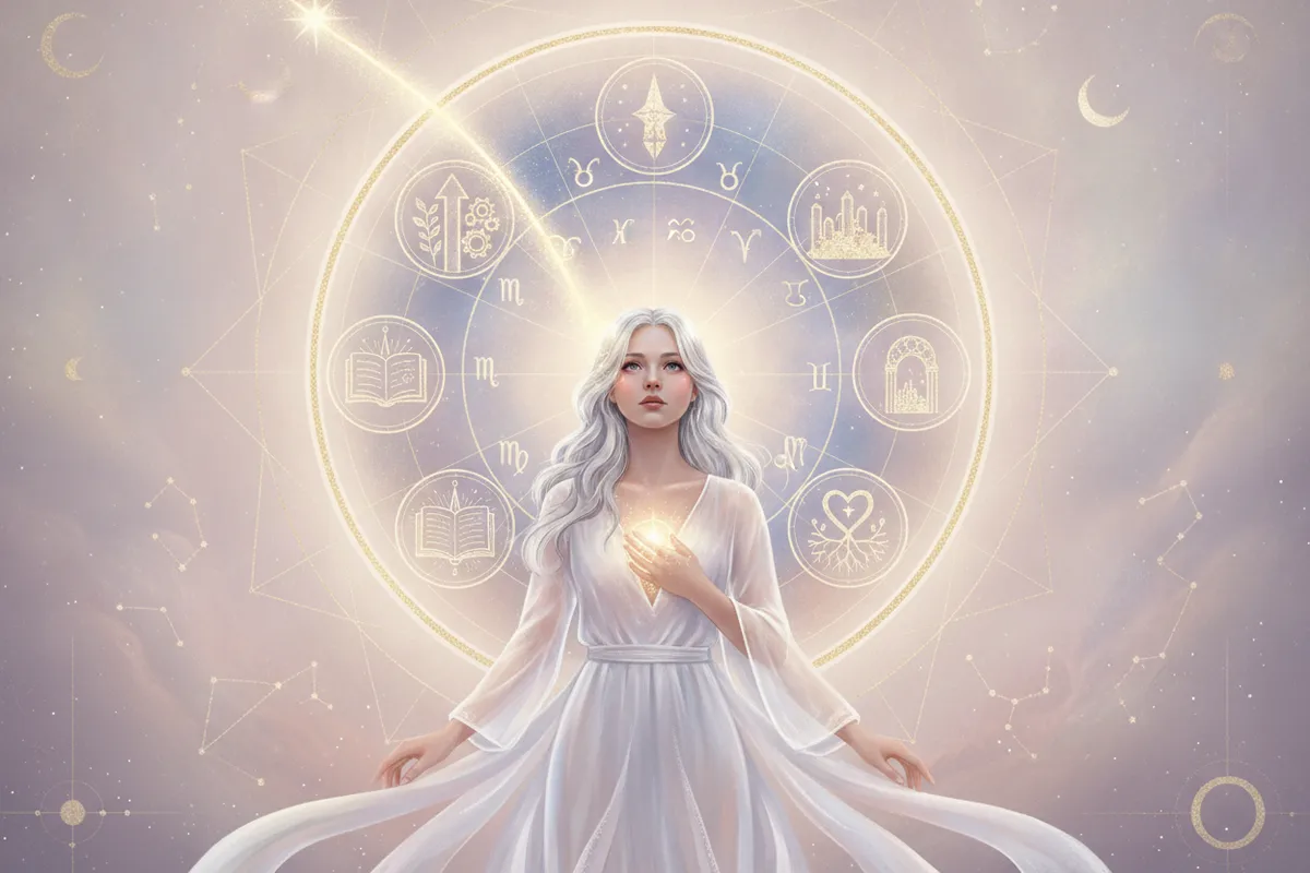 Ilustração etérea de astrologia da Nova Era com cores suaves e dourado, mostrando uma mulher observando um mapa astral celestial com linhas brilhantes conectando símbolos de carreira e propósito, em um cenário místico e onírico.