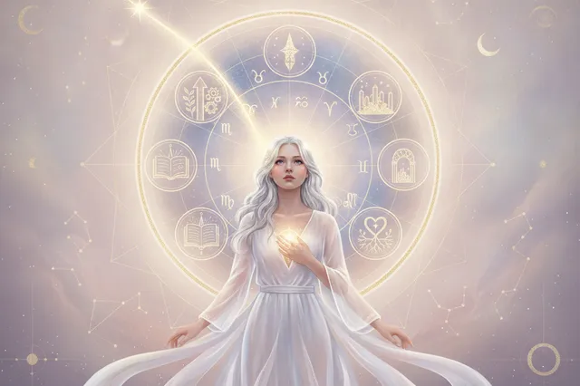 Ilustração etérea de astrologia da Nova Era com cores suaves e dourado, mostrando uma mulher observando um mapa astral celestial com linhas brilhantes conectando símbolos de carreira e propósito, em um cenário místico e onírico.
