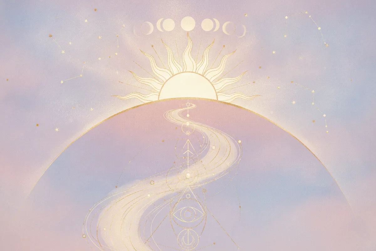 Ilustração etérea de astrologia da nova era com cores pastel, mulher meditando entre símbolos planetários e um sol nascente estilizado representando o Ascendente.
