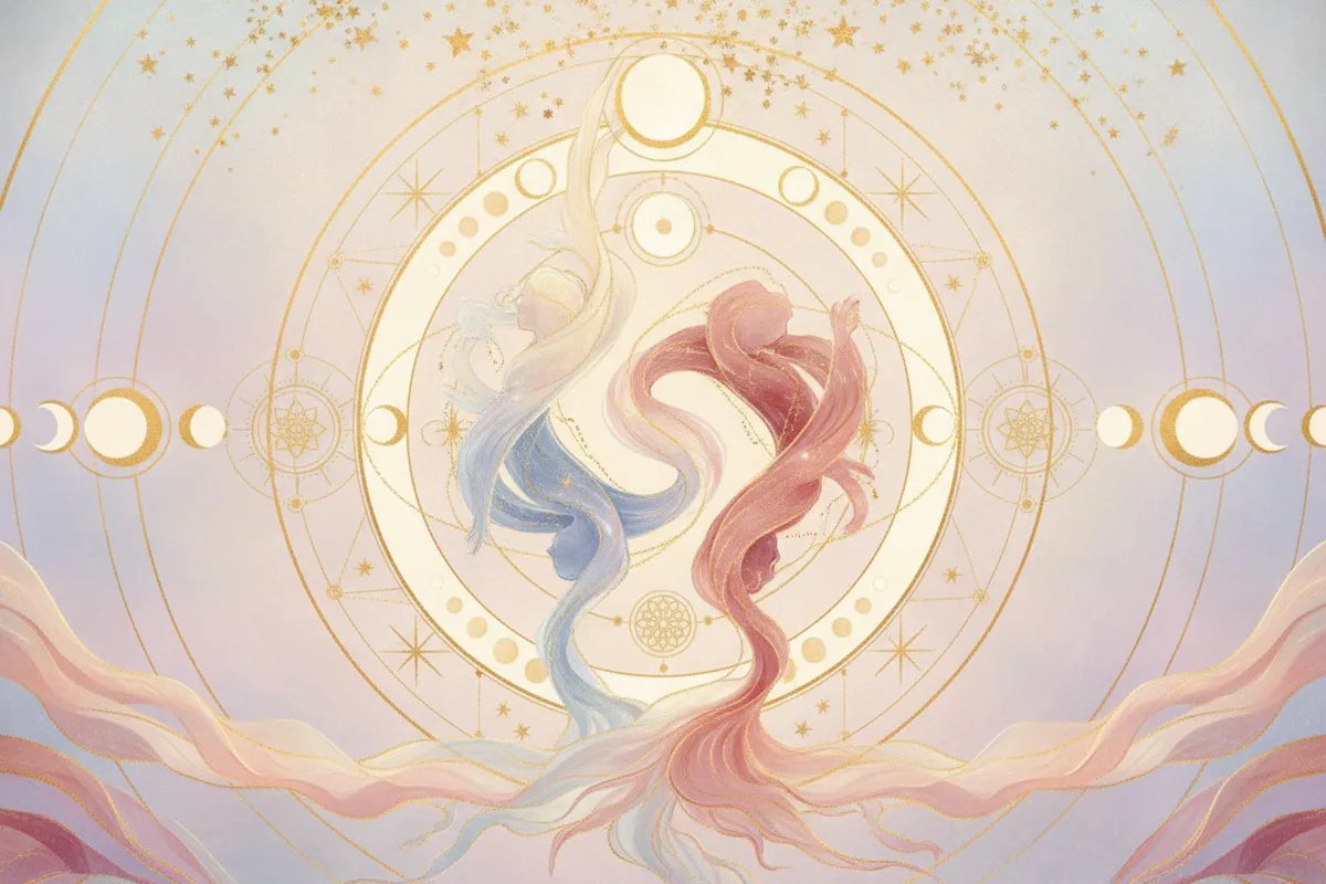 Ilustração etérea de astrologia da Nova Era com cores suaves e detalhes dourados, mostrando duas almas entrelaçadas em uma dança cósmica sob um eclipse parcial, com linhas de energia sutis conectando-as, representando encontros kármicos e paixões intensas.