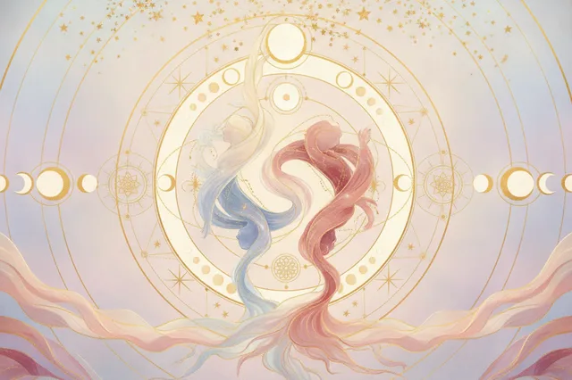Ilustração etérea de astrologia da Nova Era com cores suaves e detalhes dourados, mostrando duas almas entrelaçadas em uma dança cósmica sob um eclipse parcial, com linhas de energia sutis conectando-as, representando encontros kármicos e paixões intensas.