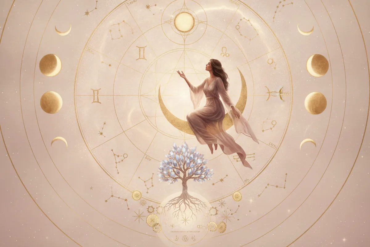 Ilustração etérea de astrologia nova era com cores suaves, detalhes dourados, mostrando uma mulher observando um mapa astral celestial brilhante, transmitindo energia mística e autoconhecimento.