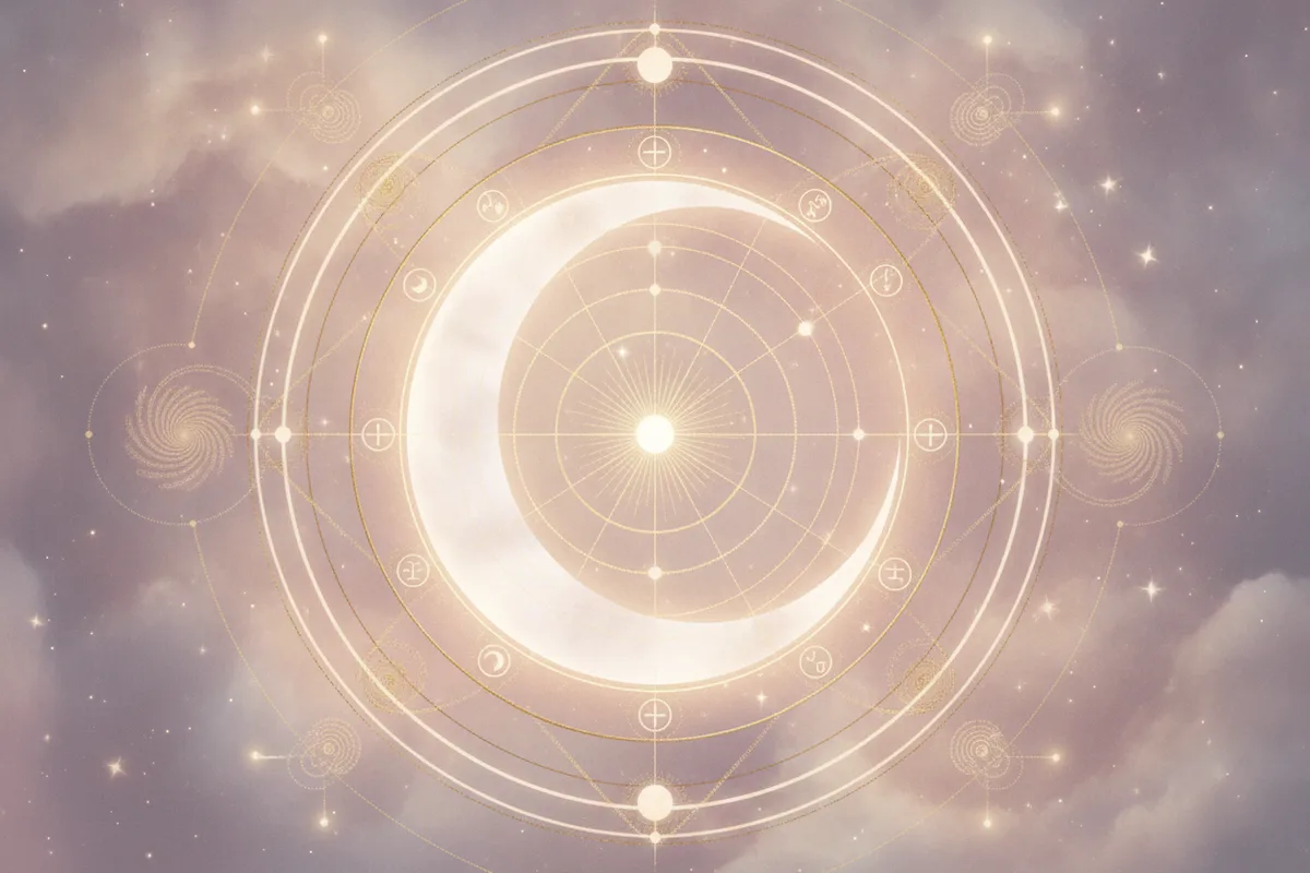 Ilustração etérea de astrologia Nova Era com uma lua crescente iluminando um mapa astral com ondas emocionais em tons pastéis e dourados.