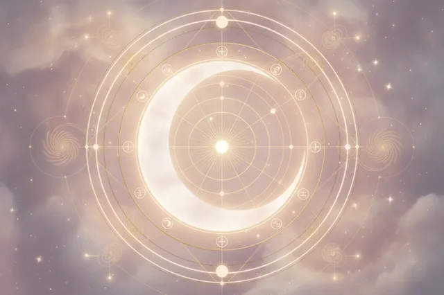 Ilustração etérea de astrologia Nova Era com uma lua crescente iluminando um mapa astral com ondas emocionais em tons pastéis e dourados.