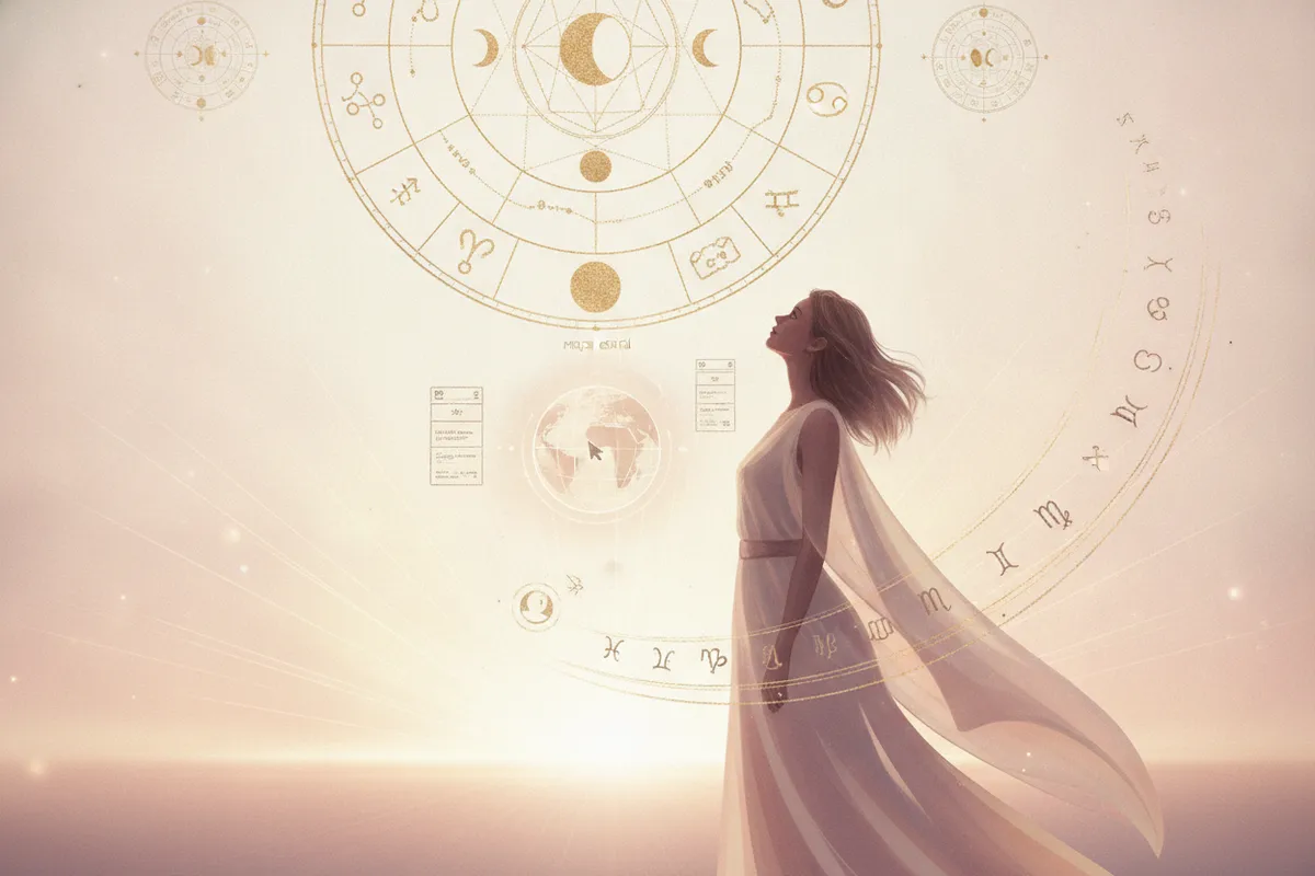 Ilustração etérea de astrologia nova era com cores pastel e detalhes dourados, mostrando uma figura feminina observando um mapa celestial com estrelas e a lua, simbolizando a descoberta do ascendente.