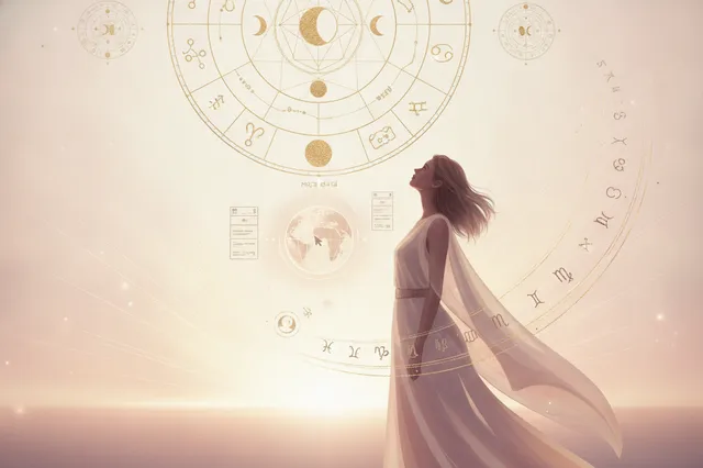 Ilustração etérea de astrologia nova era com cores pastel e detalhes dourados, mostrando uma figura feminina observando um mapa celestial com estrelas e a lua, simbolizando a descoberta do ascendente.