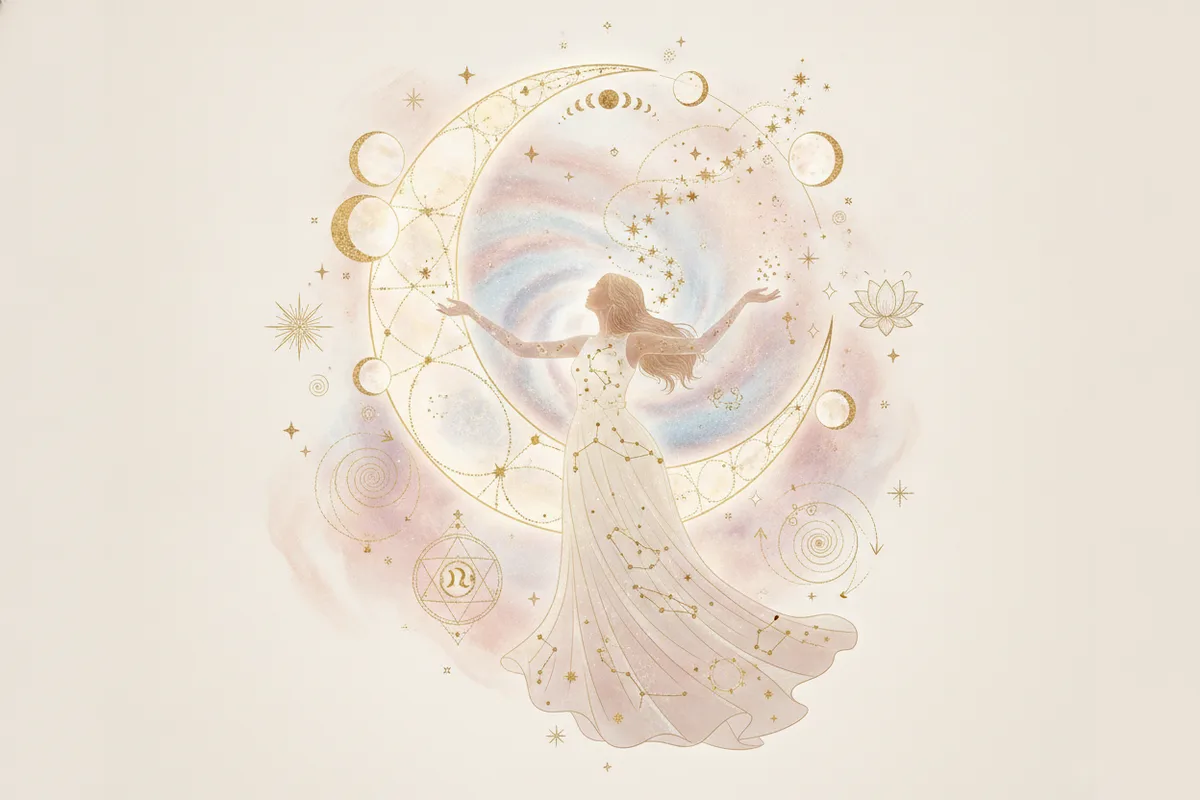 Ilustração etérea de uma mulher serena olhando para uma lua crescente brilhante e constelações, em tons pastel suaves e detalhes dourados, evocando misticismo e sonhos.