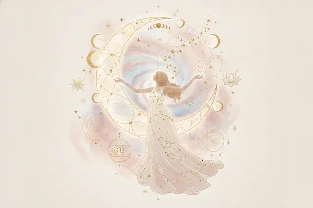 Ilustração etérea de uma mulher serena olhando para uma lua crescente brilhante e constelações, em tons pastel suaves e detalhes dourados, evocando misticismo e sonhos.