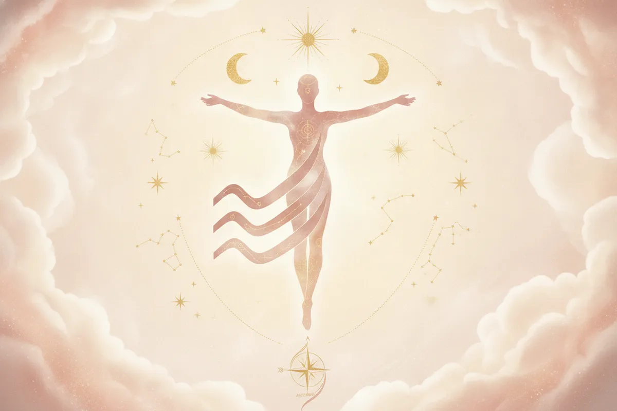 Ilustração etérea de astrologia da Nova Era com uma mulher de cabelos azul-prateados, cercada por símbolos de Aquário, ondas e elementos futuristas, em tons pastéis e dourados, representando a liberdade e inovação do Ascendente de Aquário.