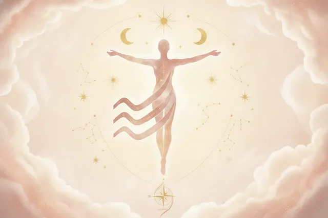 Ilustração etérea de astrologia da Nova Era com uma mulher de cabelos azul-prateados, cercada por símbolos de Aquário, ondas e elementos futuristas, em tons pastéis e dourados, representando a liberdade e inovação do Ascendente de Aquário.