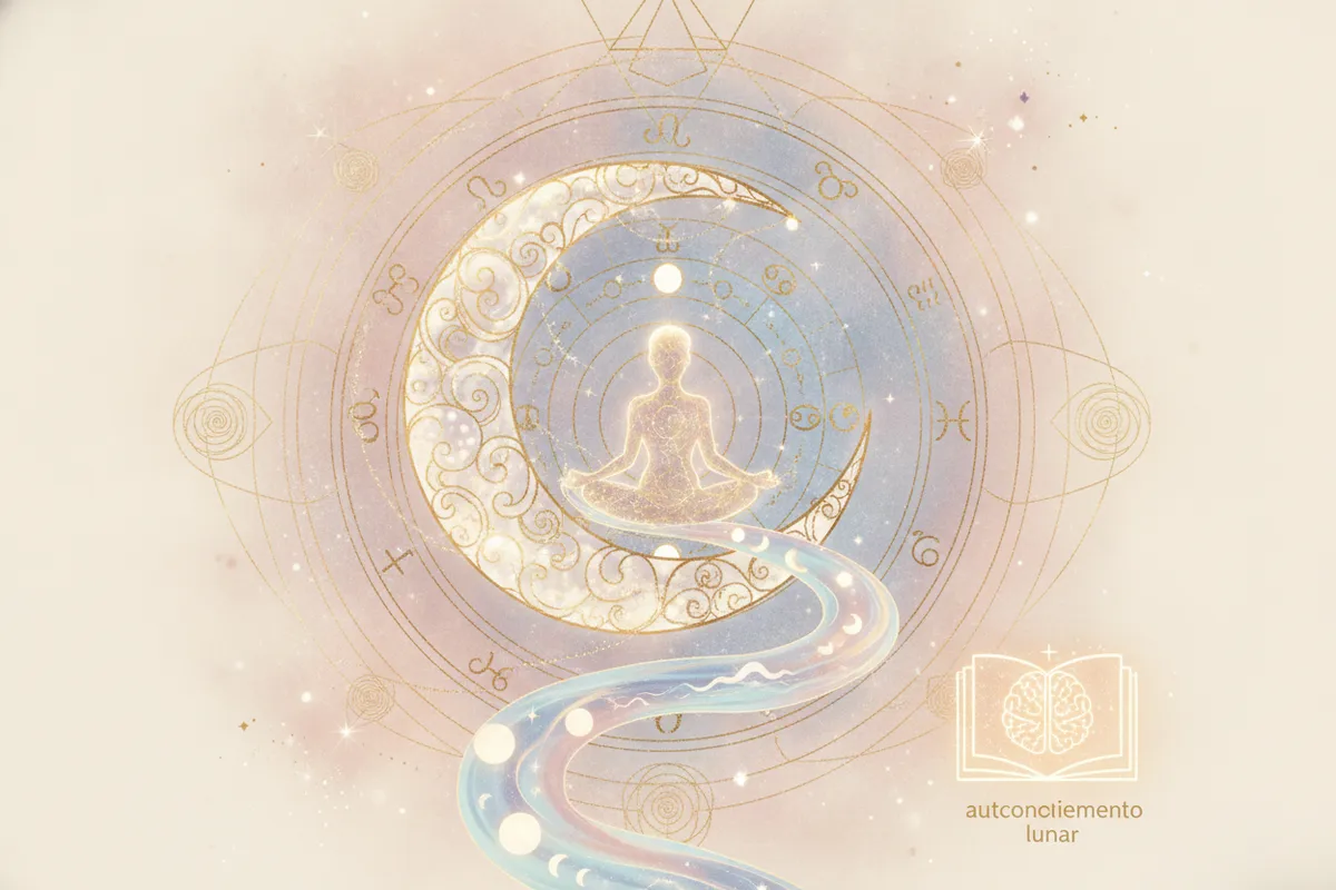 Ilustração etérea de um mapa astral com um grande símbolo da Lua, em tons pastéis com detalhes dourados, evocando misticismo e sonho.