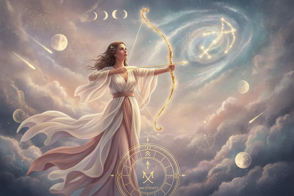 Ilustração etérea de astrologia Nova Era com um arqueiro (símbolo de Sagitário) apontando uma flecha para o céu estrelado, em tons pastel suaves e detalhes dourados, simbolizando expansão e busca por propósito.