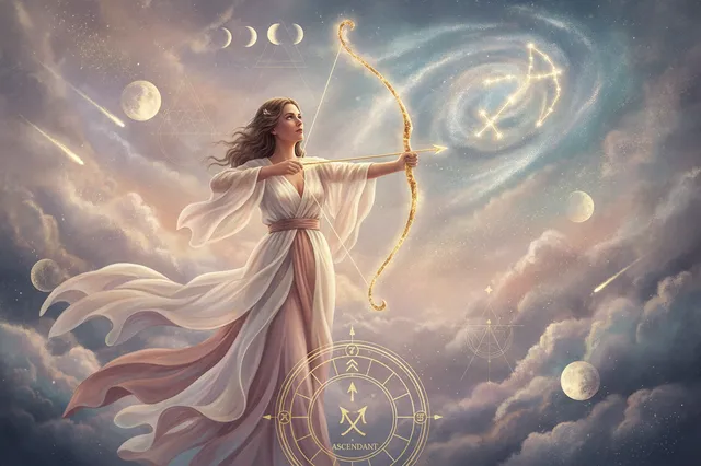 Ilustração etérea de astrologia Nova Era com um arqueiro (símbolo de Sagitário) apontando uma flecha para o céu estrelado, em tons pastel suaves e detalhes dourados, simbolizando expansão e busca por propósito.