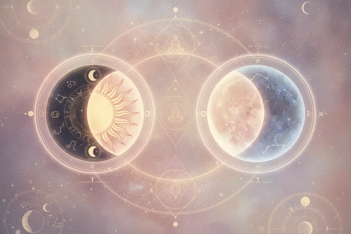 Ilustração etérea de astrologia da Nova Era com eclipse lunar avermelhado e eclipse solar com anel de fogo, simbolizando liberação e recomeços.