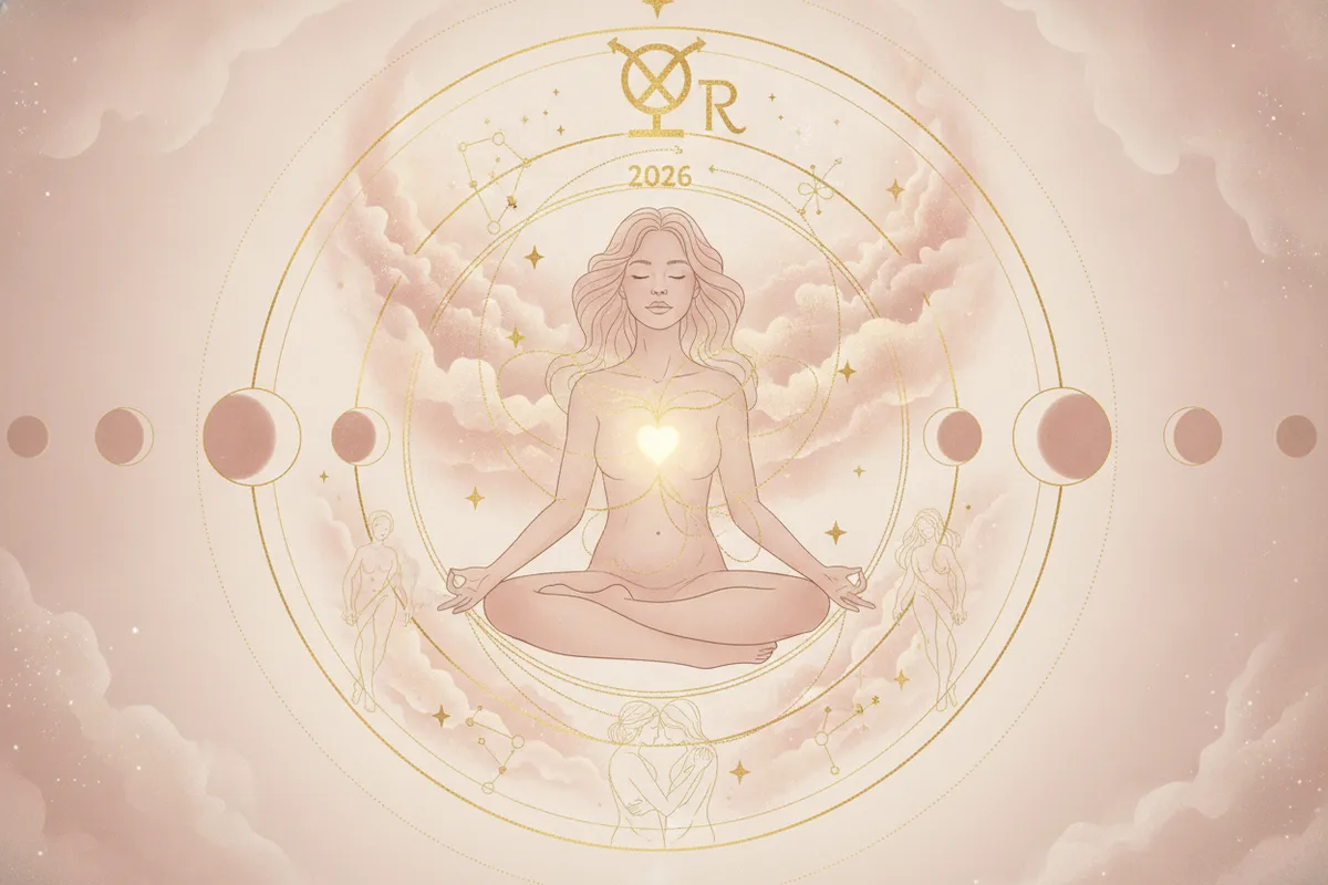 Ilustração etérea de uma mulher meditando sob um céu estrelado, com símbolos astrológicos em tons pastel e dourado, representando a introspecção de Vênus retrógrado em Leão em 2026.