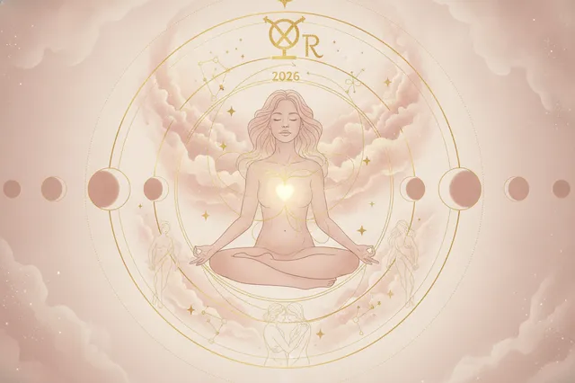 Ilustração etérea de uma mulher meditando sob um céu estrelado, com símbolos astrológicos em tons pastel e dourado, representando a introspecção de Vênus retrógrado em Leão em 2026.