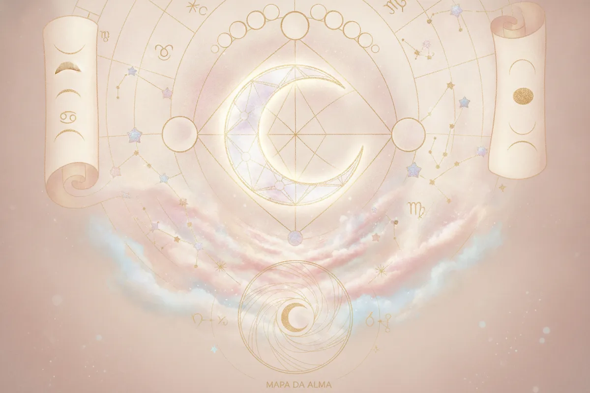 Ilustração etérea de um mapa astral com um símbolo da Lua brilhante ao centro, cercado por energia mística e silhuetas femininas em reflexão, em tons pastel suaves e detalhes dourados.