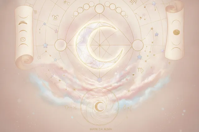 Ilustração etérea de um mapa astral com um símbolo da Lua brilhante ao centro, cercado por energia mística e silhuetas femininas em reflexão, em tons pastel suaves e detalhes dourados.