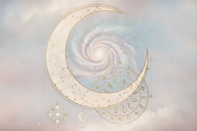 Ilustração etérea de astrologia Nova Era com um grande símbolo da Lua no centro, cercado pelos signos astrológicos em tons pastel suaves e detalhes dourados, transmitindo misticismo e sonho.