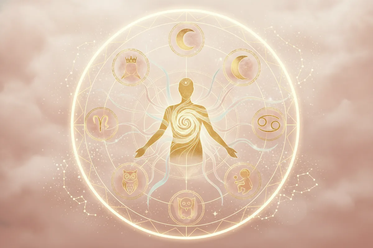 Ilustração etérea de astrologia nova era com cores suaves, detalhes em dourado, representando a união de símbolos astrológicos e conceitos da psicologia analítica de Jung para o autoconhecimento e o despertar da alma.