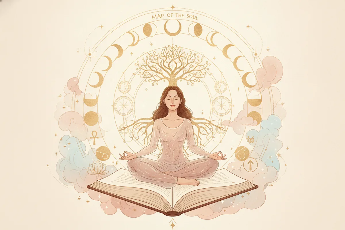 Ilustração etérea de astrologia Nova Era, com cores pastéis suaves e detalhes dourados, uma mulher contemplando um mapa astral luminoso, transmitindo clareza e empoderamento.