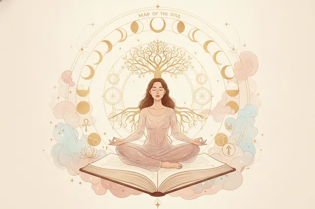 Ilustração etérea de astrologia Nova Era, com cores pastéis suaves e detalhes dourados, uma mulher contemplando um mapa astral luminoso, transmitindo clareza e empoderamento.