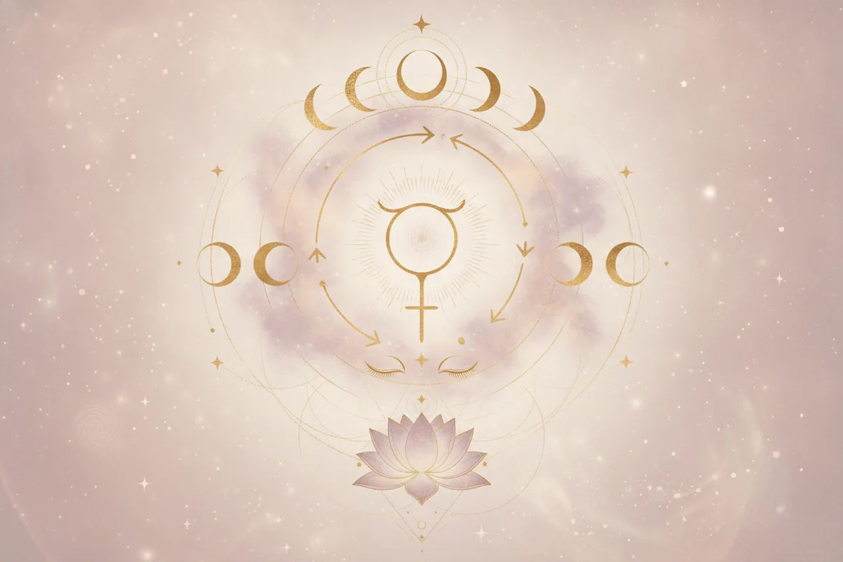 Ilustração etérea de Vênus retrógrado com tons pastel e detalhes dourados, simbolizando introspecção e revisão de valores na astrologia.