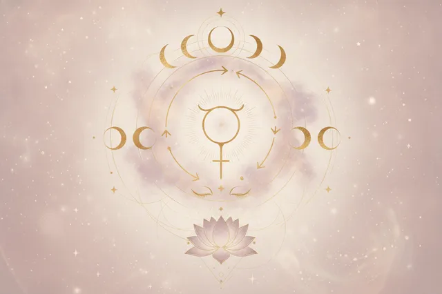 Ilustração etérea de Vênus retrógrado com tons pastel e detalhes dourados, simbolizando introspecção e revisão de valores na astrologia.