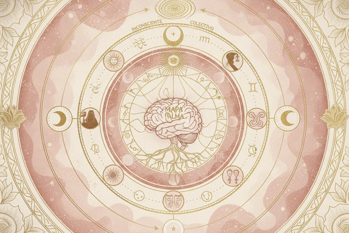 Ilustração etérea com elementos astrológicos e simbólicos, cores pastel suaves e detalhes dourados, representando a busca da alma.