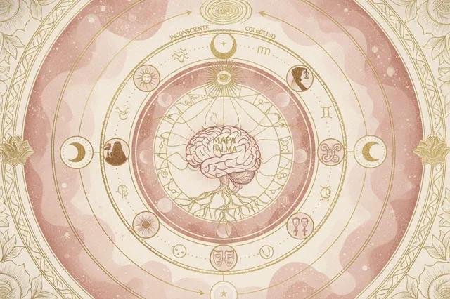 Ilustração etérea com elementos astrológicos e simbólicos, cores pastel suaves e detalhes dourados, representando a busca da alma.
