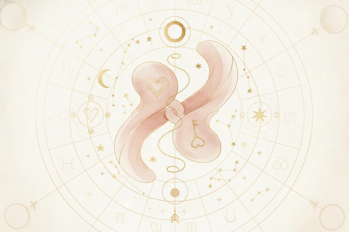 Ilustração etérea de astrologia da nova era com silhuetas de um casal, corpos celestes, constelações e um coração brilhante, em tons pastel suaves e detalhes dourados, simbolizando o mapa astral do amor e conexões com alma.